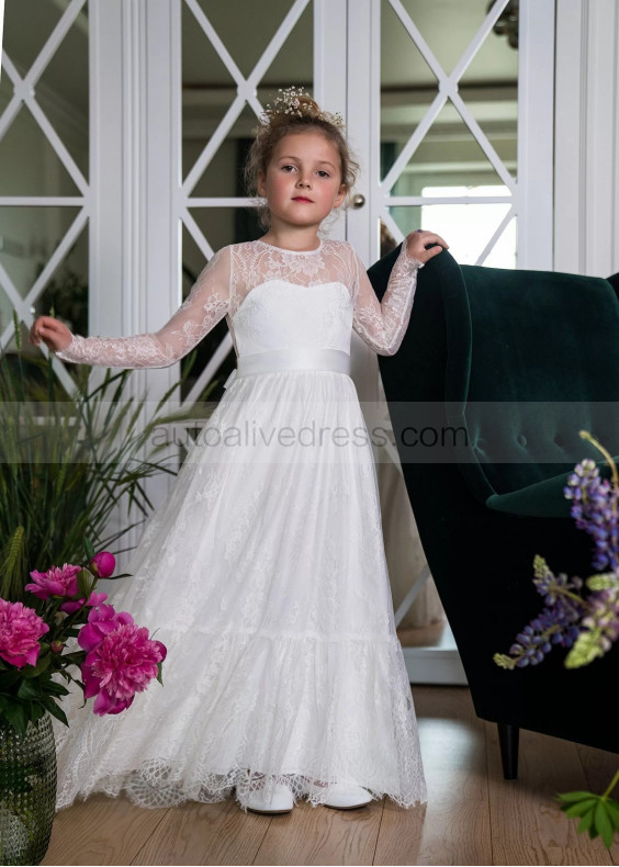 Long Sleeves Ivory Eyelash Lace Slit Back Flower Girl Dress